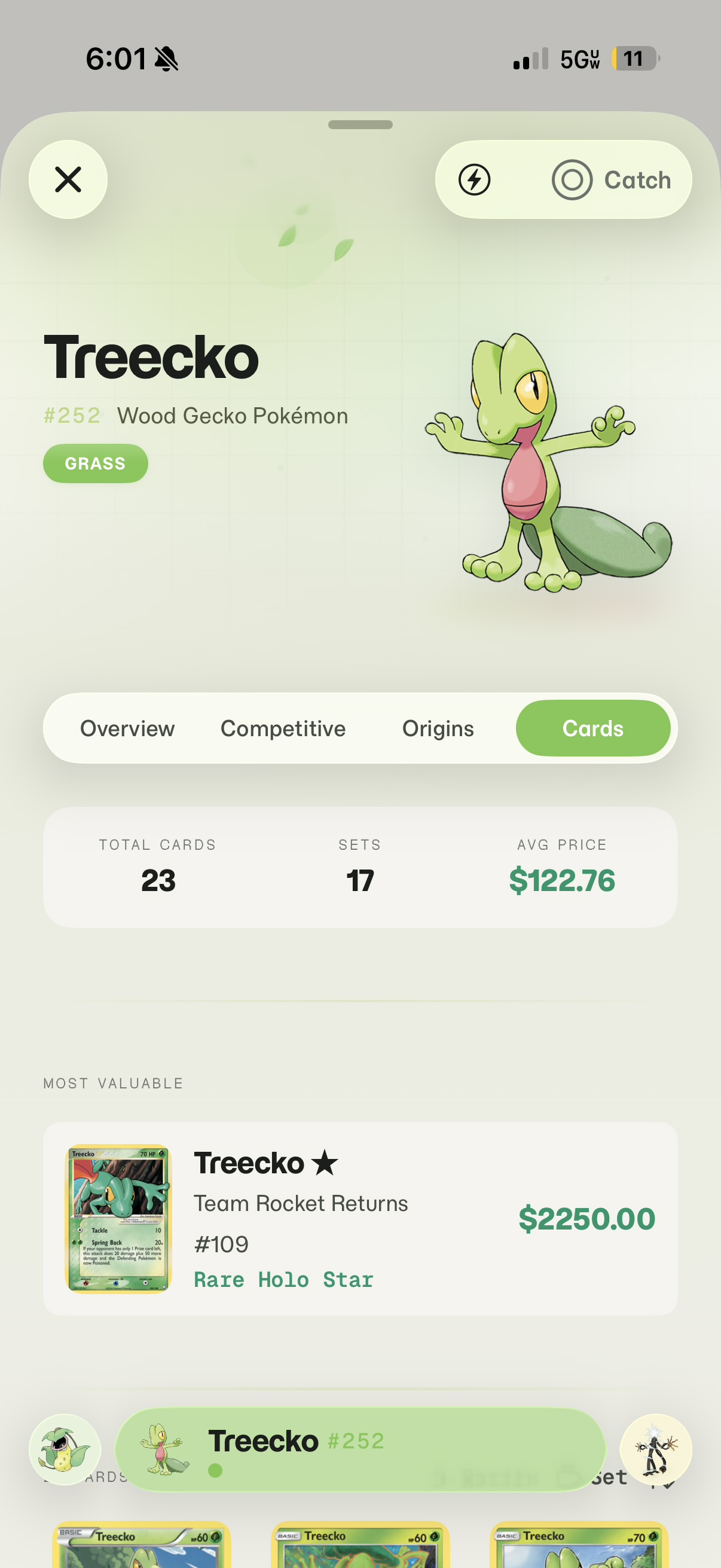 Treecko Pokémon detail screen with Cards tab showing TCG pricing