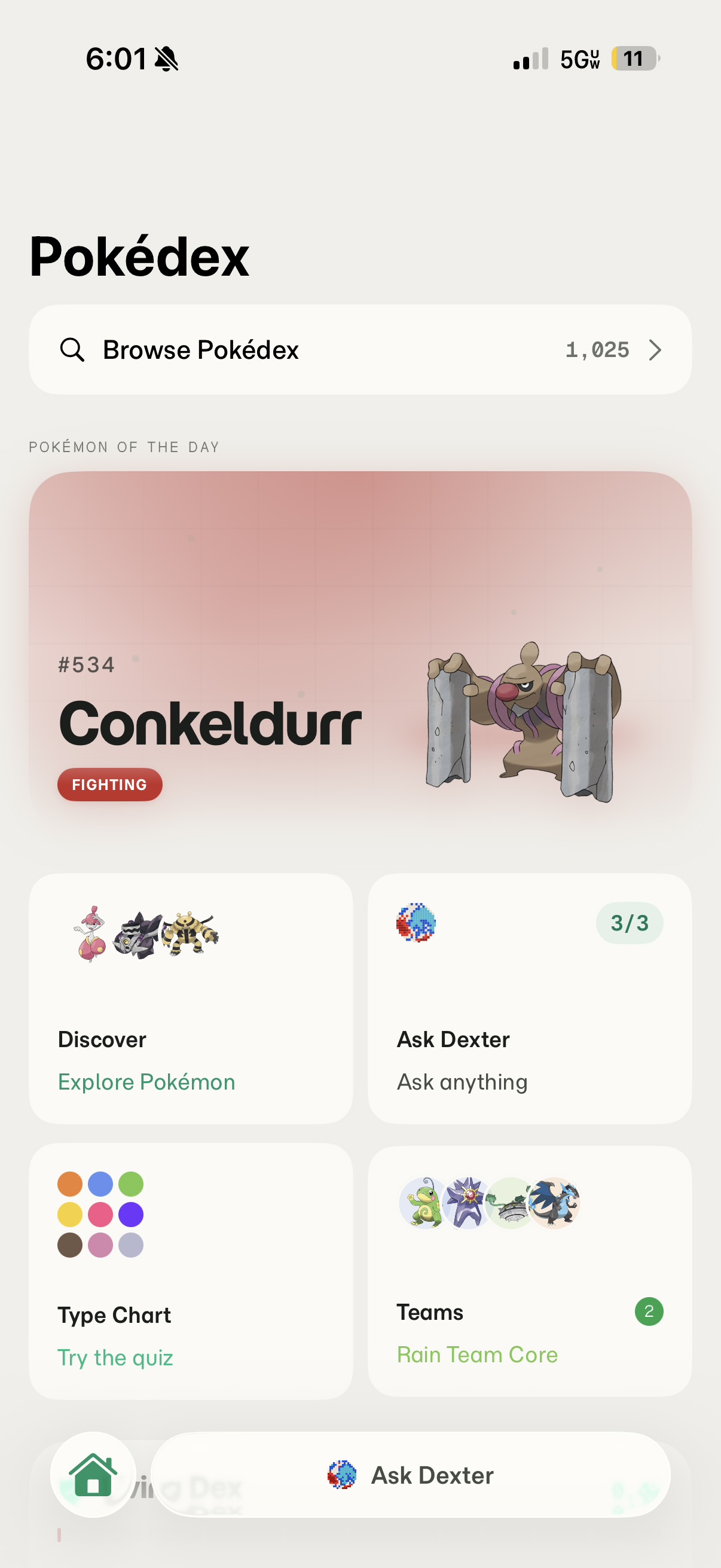 Tree Co. home screen showing Pokédex with Pokémon of the Day, Discover, Ask Dexter, Type Chart, and Teams